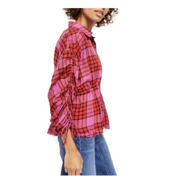 Free People Blouse Womens Small Pacific Dawn Plaid in Red Combo Button Up NEW - Picture 3 of 12